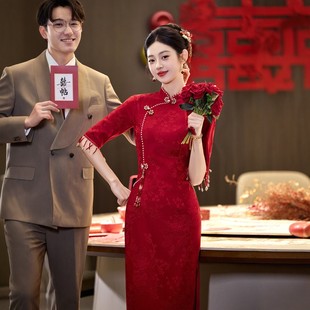 海棠记红色旗袍敬酒服新娘新款订婚礼服裙新中式结婚装小个子中袖