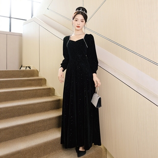 海棠记宴会主持人晚礼服女轻奢小众黑色丝绒年会战袍声乐艺考秋冬