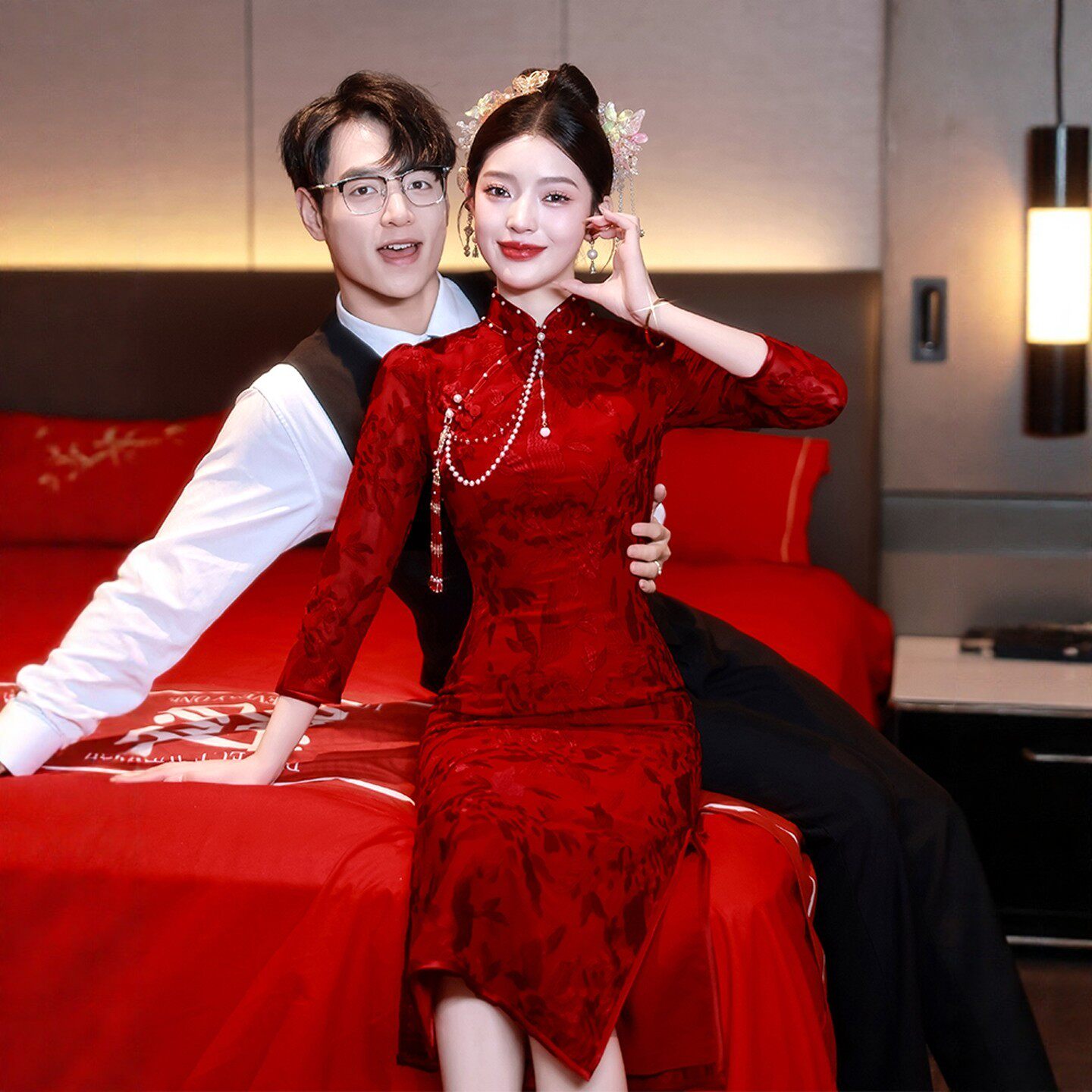 海棠记红旗袍敬酒服新娘小个子订婚礼服裙新中式结婚显瘦长袖衣服