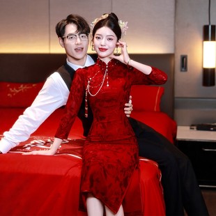 海棠记红旗袍敬酒服新娘小个子订婚礼服裙新中式结婚显瘦长袖衣服