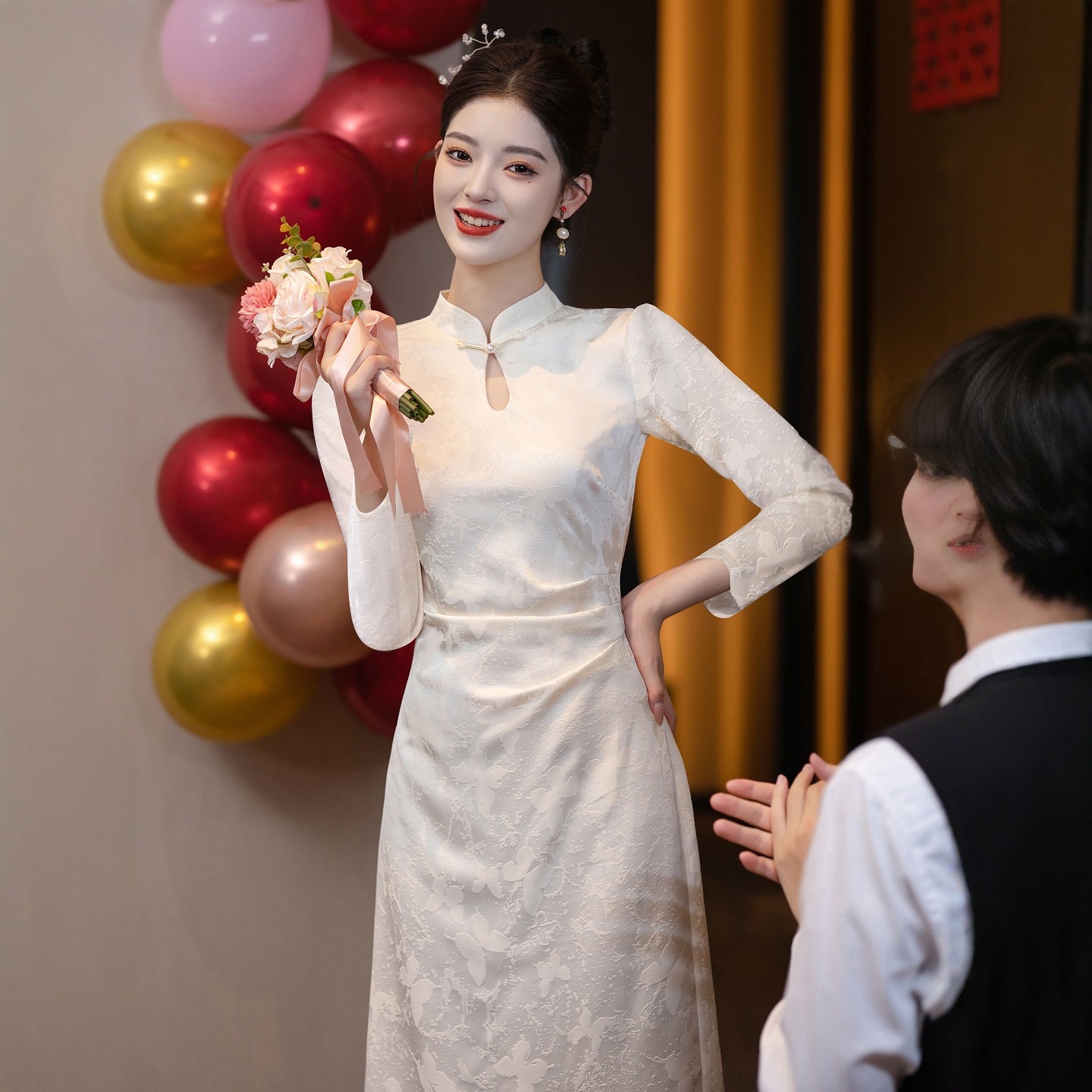 海棠记订婚礼服中式旗袍连衣裙秋冬新娘回门便装日常长袖复古气质