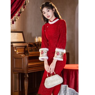 红色旗袍冬装加绒加厚冬季敬酒服新娘小个子过年拜年服女新年战袍