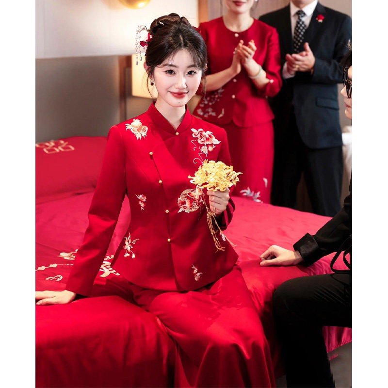 海棠记订婚礼服女2026新款新中式改良旗袍套装敬酒服新娘长袖晨袍