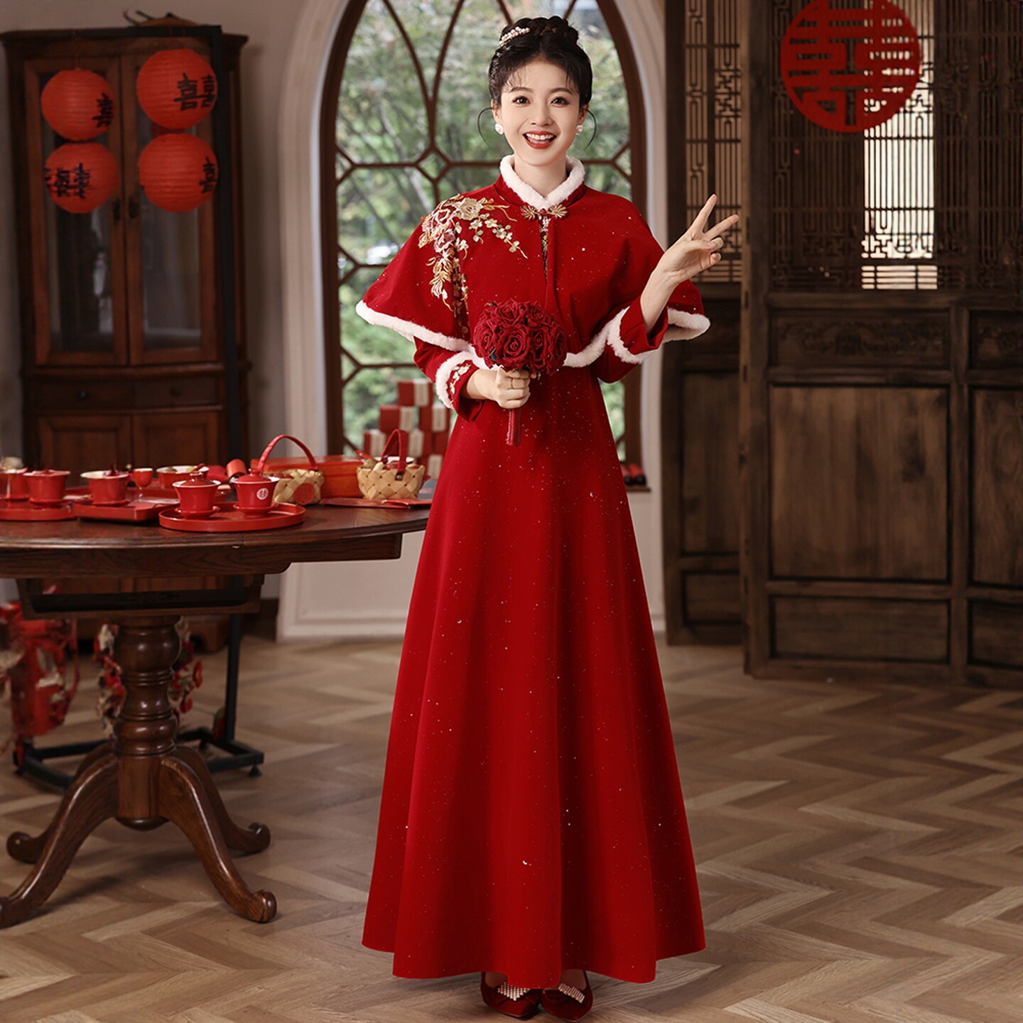 海棠记大码胖mm敬酒服冬季新款红色婚礼服长袖披肩加绒订婚连衣裙