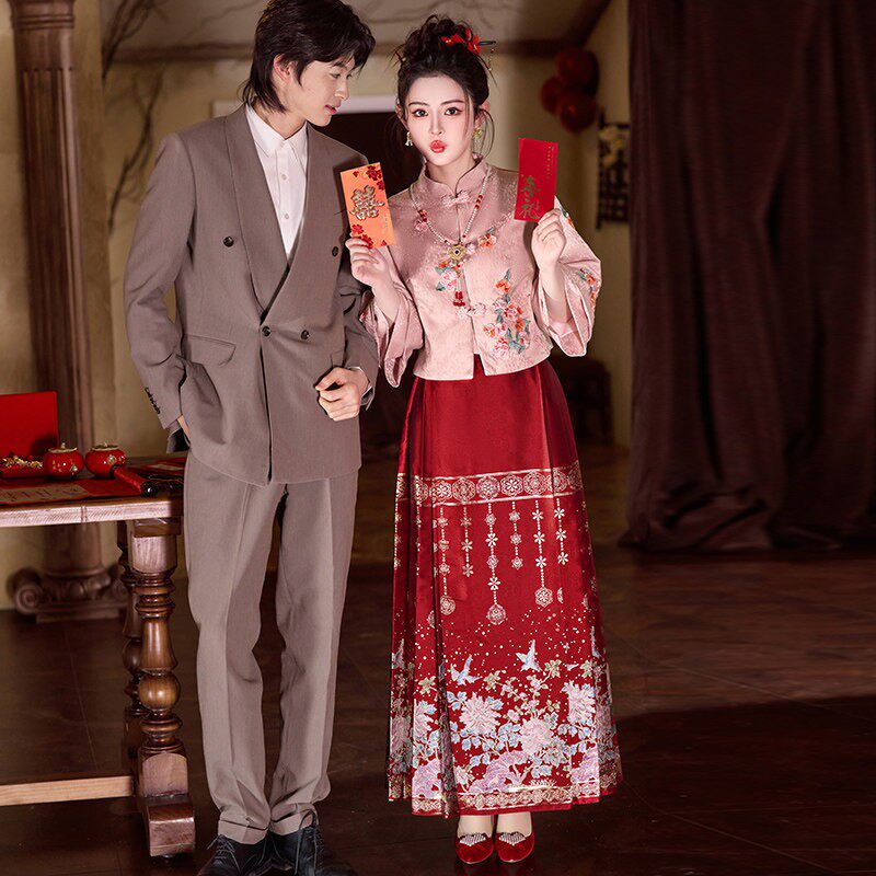 新中式马面裙敬酒服新娘套装大码粉色胖mm订婚礼服裙孕妇结婚婚服