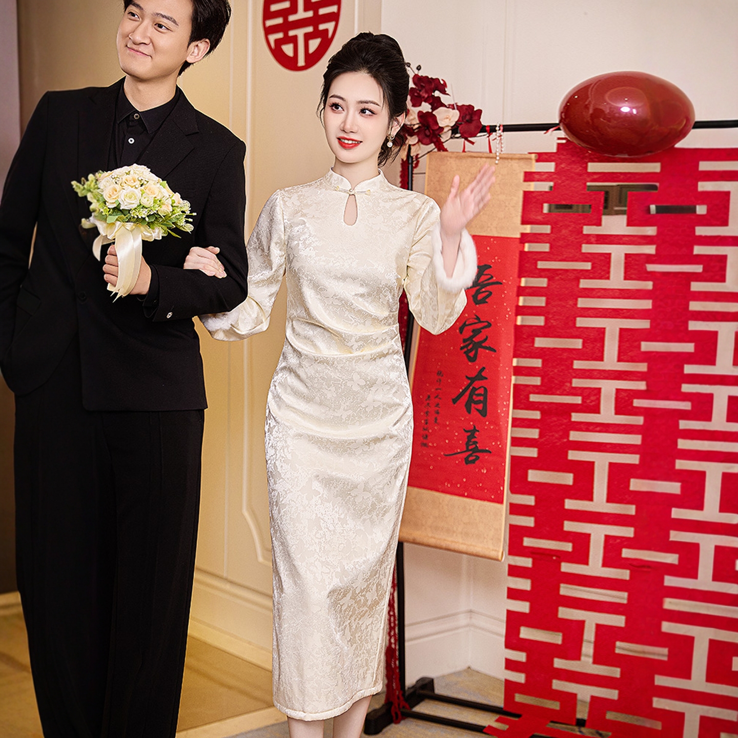 海棠记香槟色订婚礼服中式长袖裙