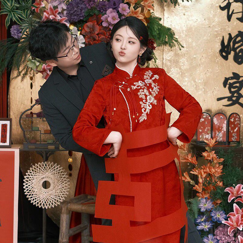 红色旗袍敬酒服大码胖mm结婚当天新娘便装回门中式订婚礼服裙孕妇