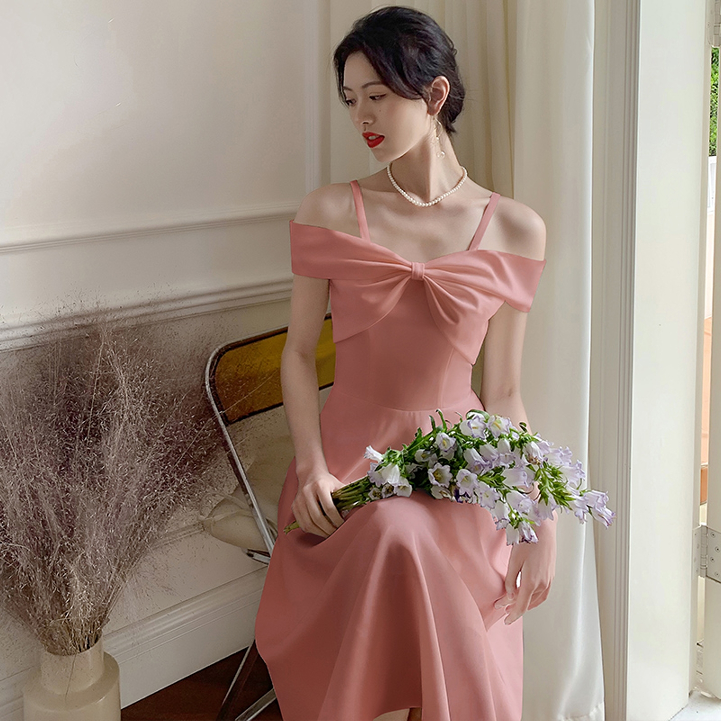 海棠记粉色订婚小众晚礼服裙女