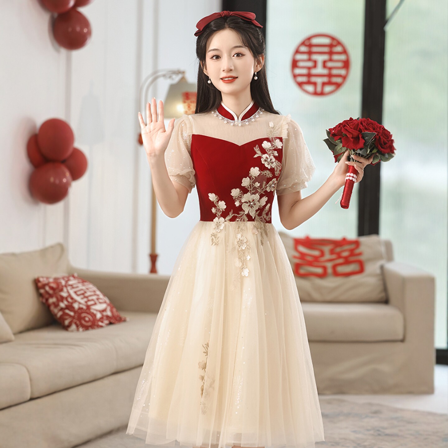 海棠记大码敬酒服2025新款中式改良胖mm显瘦蓬蓬纱连衣裙订婚礼服