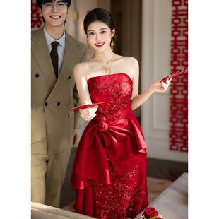 新中式敬酒服新娘高级感晨袍女抹胸订婚礼服裙高端宴会出阁连衣裙
