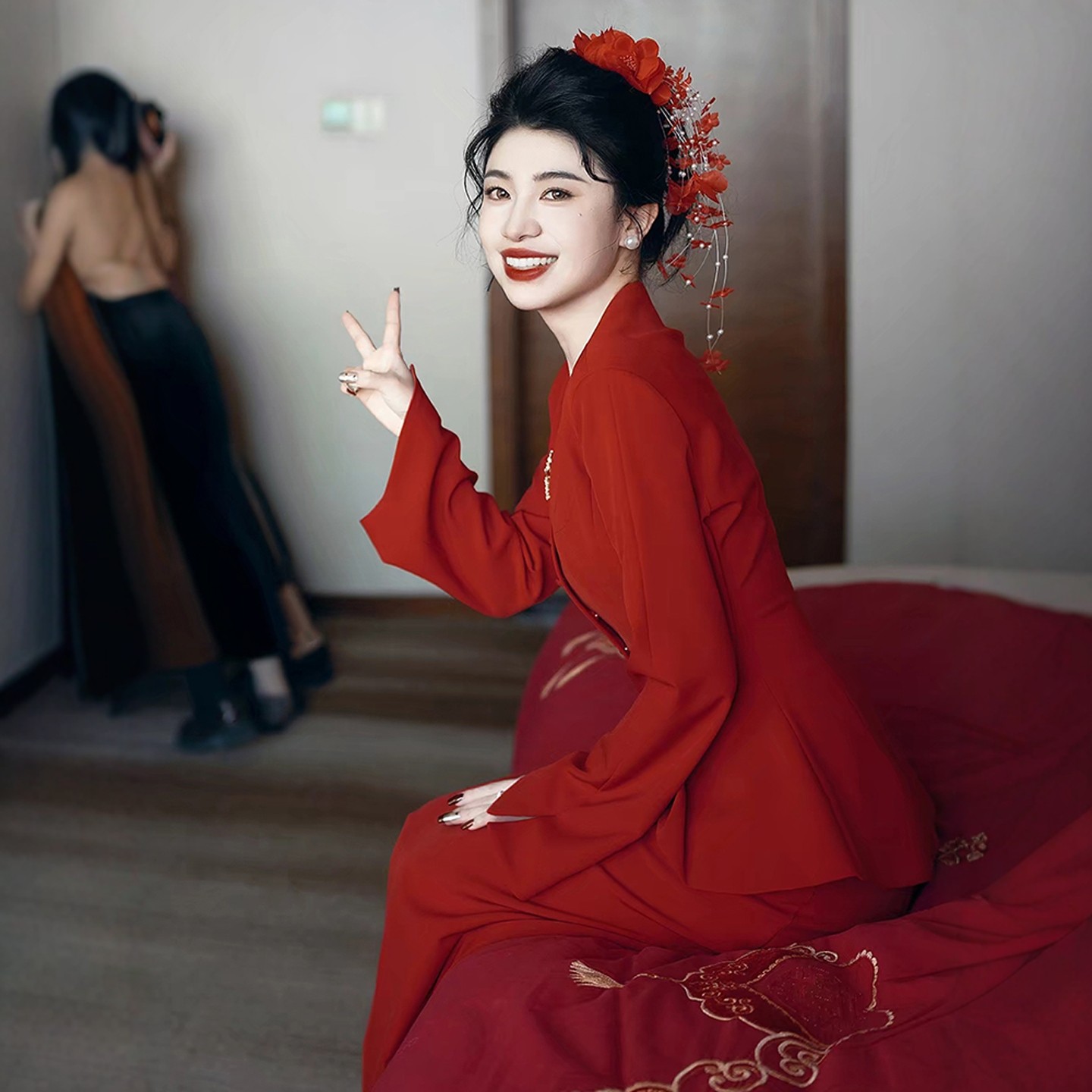 海棠记红色复古礼服两件套八零年代日常可穿订婚回门裙长袖敬酒服