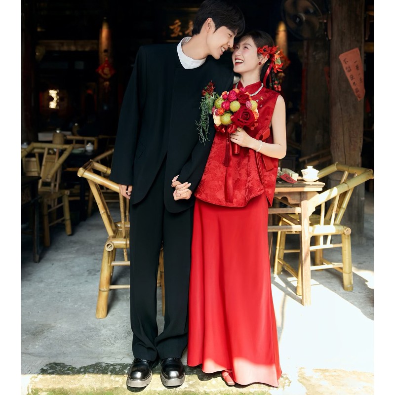 海棠记新中式红色孕妇旗袍敬酒服无袖套装订婚礼服大码胖mm遮肚喜