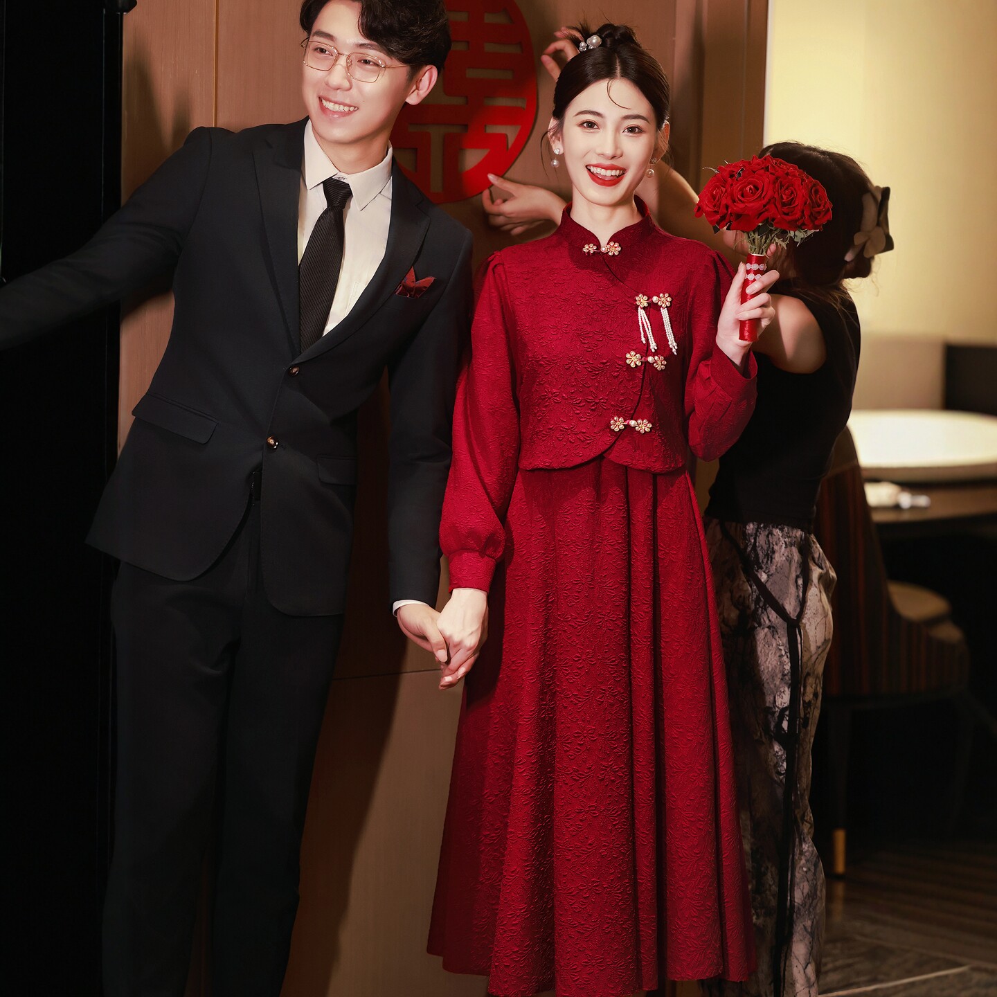 海棠记长袖敬酒服2025新款结婚礼服新中式订婚连衣裙两件套秋冬女