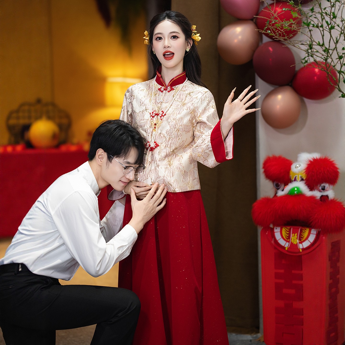 海棠记中式红色孕妇旗袍敬酒服套装订婚礼服裙大码胖mm遮肚秋长袖