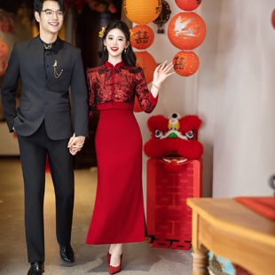 海棠记酒红色敬酒服新款新娘小个子订婚礼服新中式两件套高级长袖