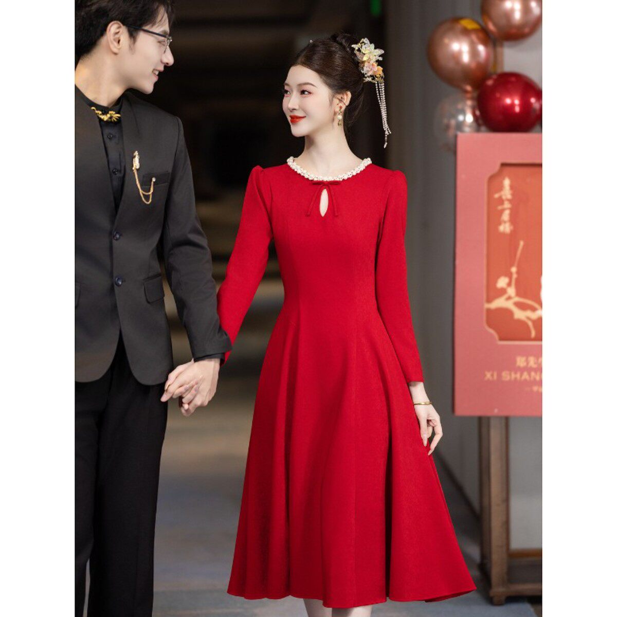 红色订婚小礼服裙女结婚敬酒服新娘回门服春夏季长袖答谢宴小个子