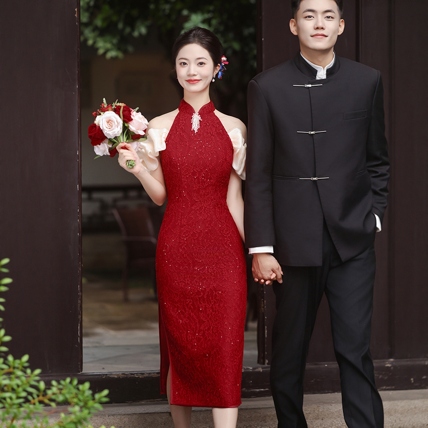 海棠记酒红色旗袍敬酒服新娘小个子订婚礼服结婚新中式晨袍女显瘦