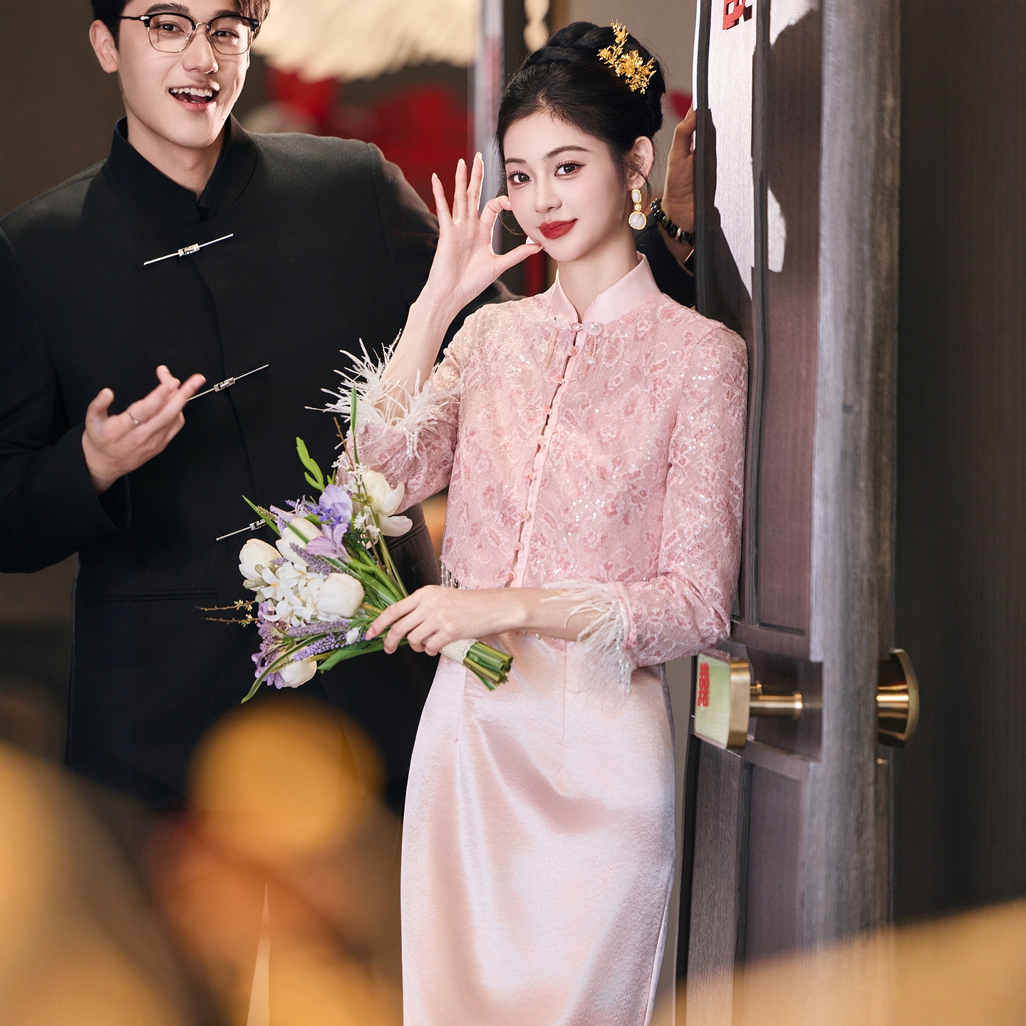 海棠记粉色旗袍敬酒服新娘2025新