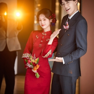 海棠记红色旗袍敬酒服新娘小个子新中式 回门冬 订婚礼服裙结婚便装