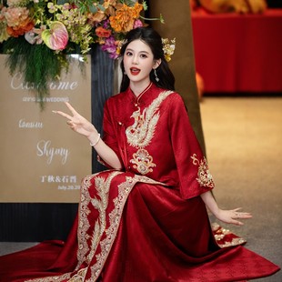 海棠记红色旗袍敬酒服新娘订婚礼服新中式套装秀禾服便装回门刺绣