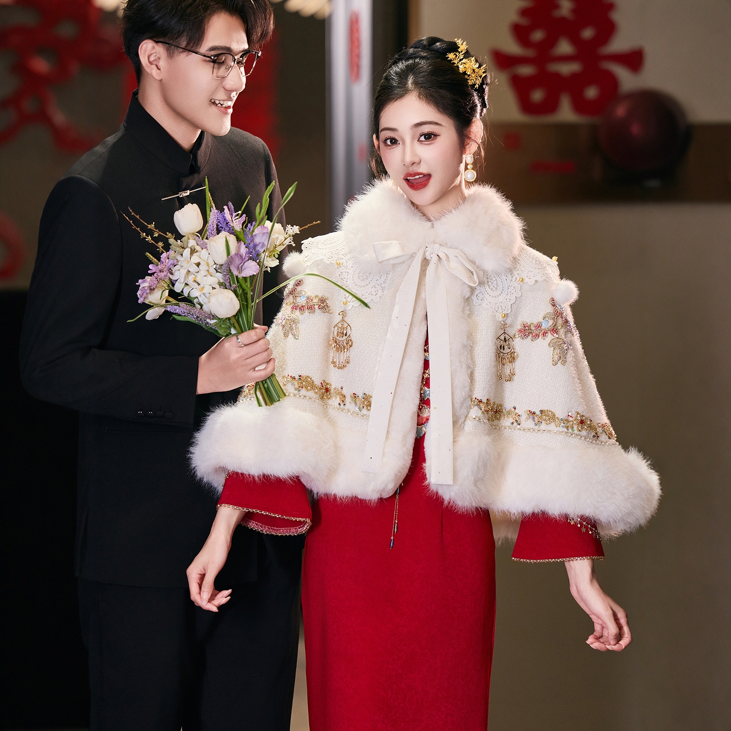 海棠记白色婚纱毛披肩敬酒服旗袍