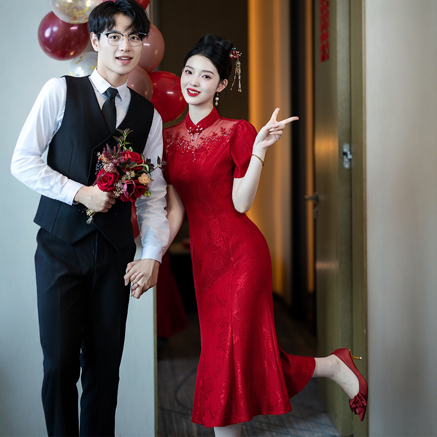 海棠记鱼尾红色结婚旗袍敬酒服裙