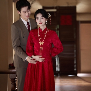 海棠记中式红色孕妇旗袍敬酒服套装订婚礼裙大码胖mm遮肚子秀禾喜