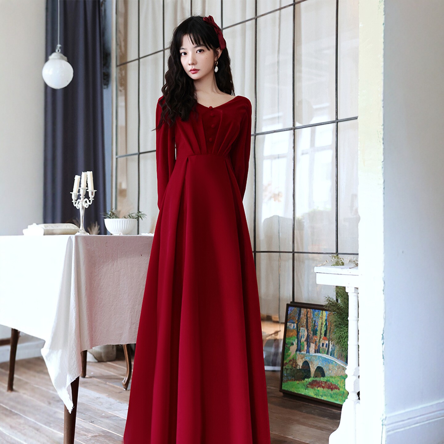 海棠记复古高腰敬酒服女酒红色新法式长袖大码胖mm婚宴孕妇礼服裙