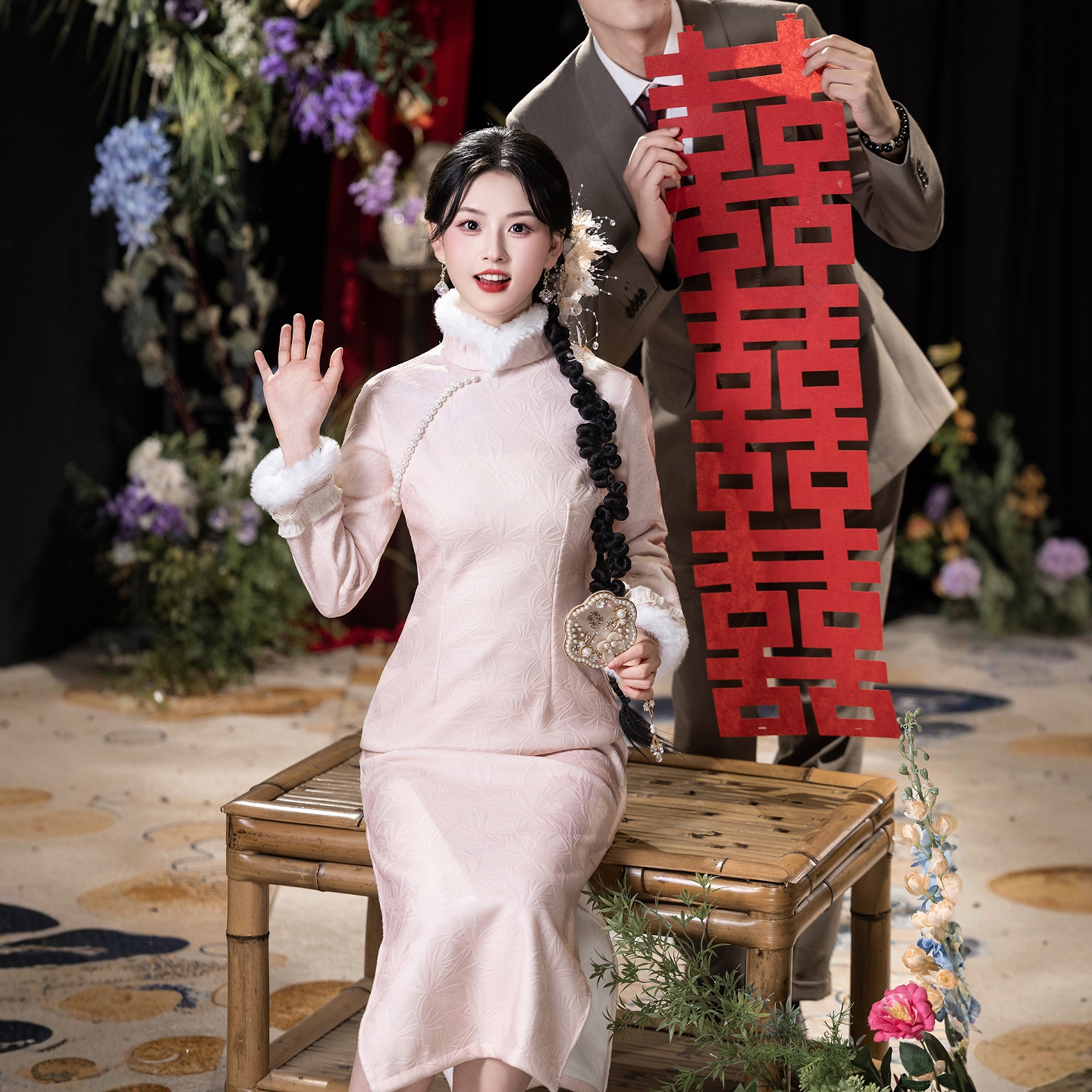 海棠记粉色旗袍秋冬长袖加绒加厚