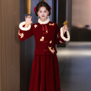 海棠记冬季敬酒服新娘套装新中式小个子订婚礼服裙结婚红色加绒女