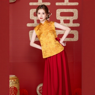 海棠记金色新中式订婚礼服裙新晨袍新娘结婚敬酒服回门答谢宴便装