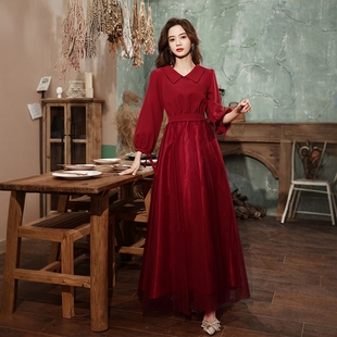 海棠记敬酒服瘦新娘胖mm纱裙高级感酒红色娃娃领订婚高腰礼服裙女