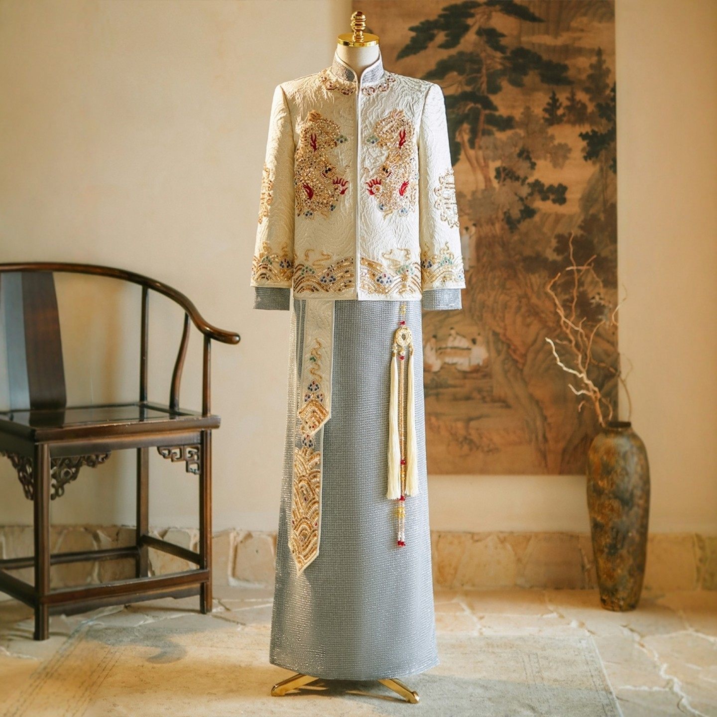 海棠记金色秀禾服男新款中式新郎高档结婚大码接亲礼服龙凤褂男款