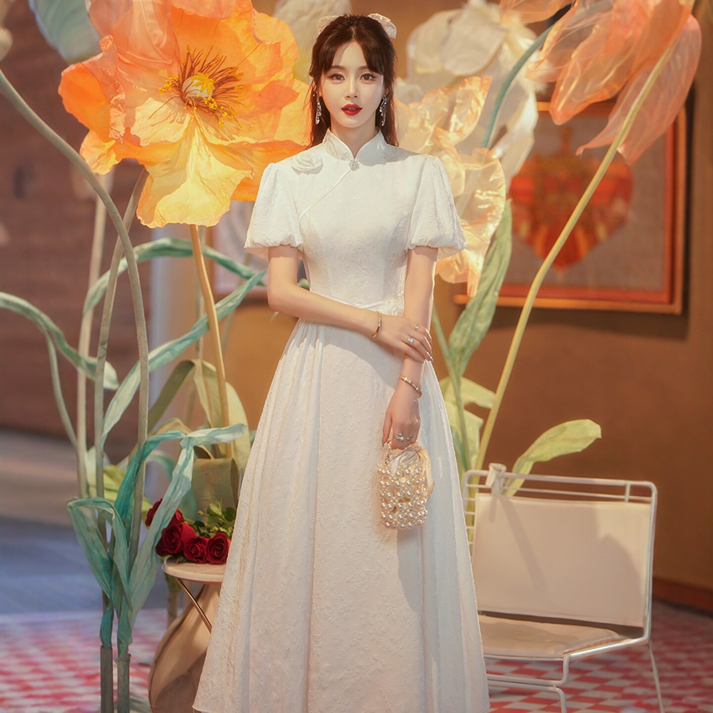 海棠记白色长款小礼服裙新娘结婚领证登记小白裙连衣裙日常可穿夏