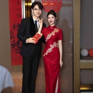 海棠记新中式红色结婚旗袍敬酒服新娘长款婚礼订婚出阁宴礼服裙