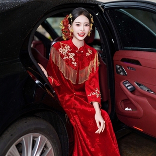 小个 红色订婚礼服裙结婚晨袍回门便装 海棠记敬酒服新娘新款 新中式