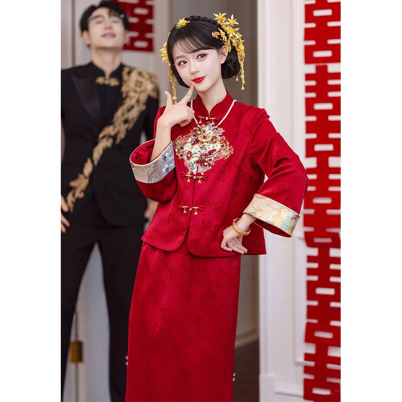 海棠记新中式敬酒服新娘红色长袖订婚礼服裙高端大气回门答谢宴气