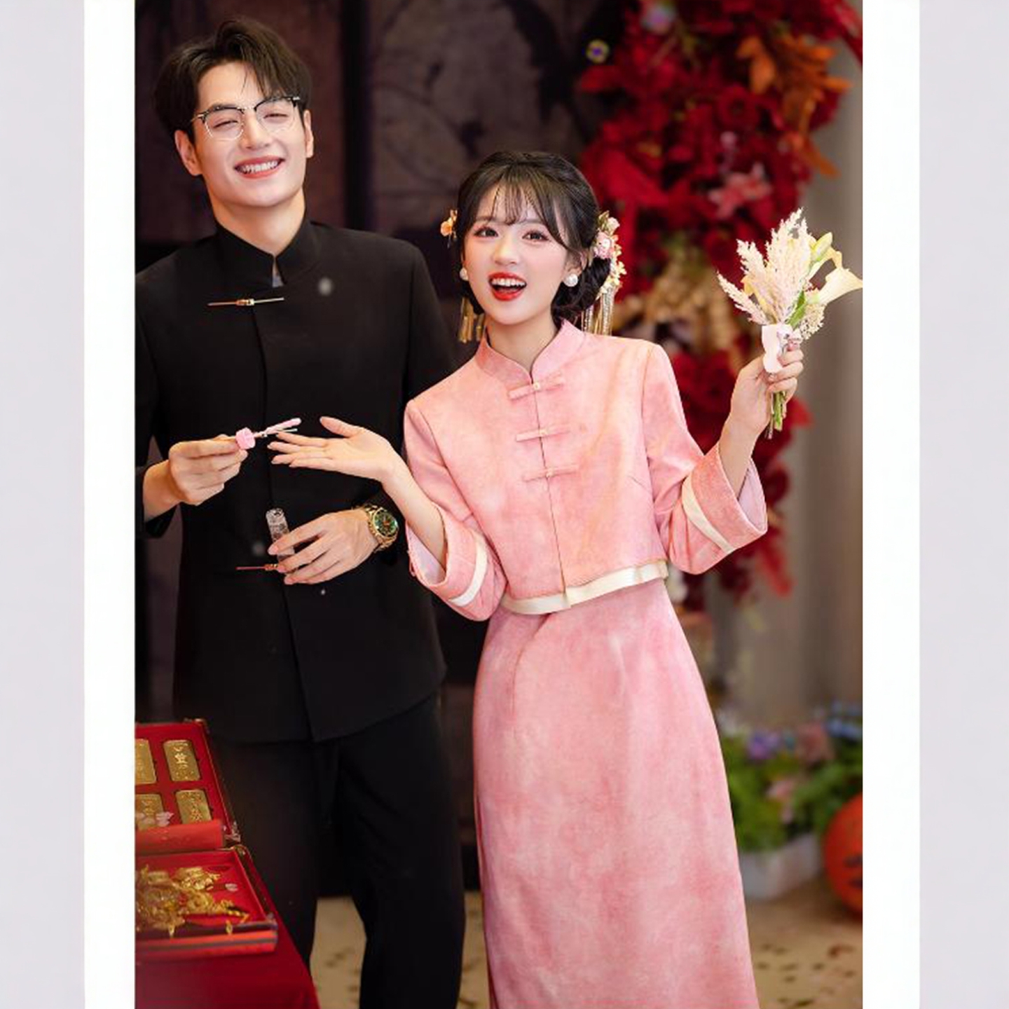 海棠记新中式粉色敬酒服新娘长袖