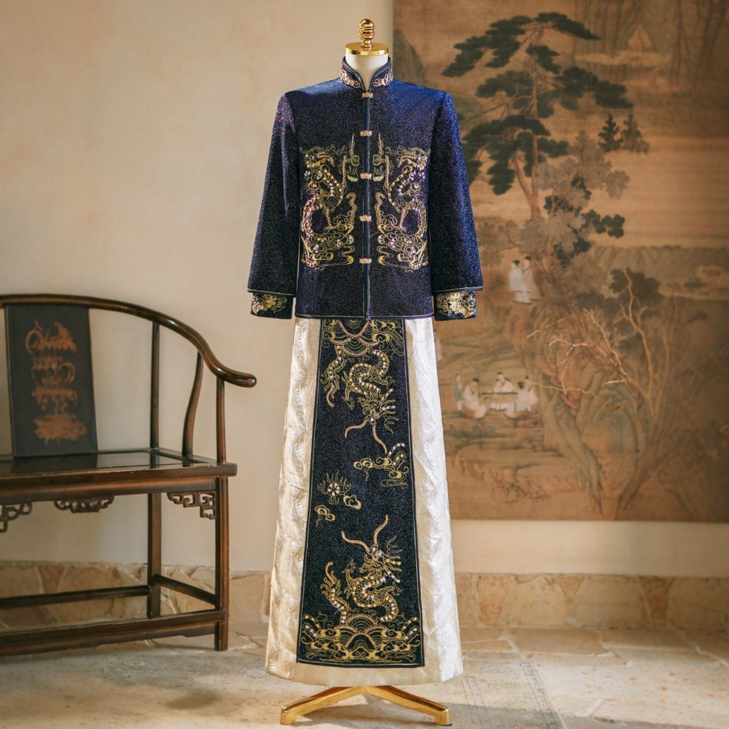 海棠记大码中式复古男新郎结婚秀和礼服深蓝显瘦秀禾服龙凤褂长袍