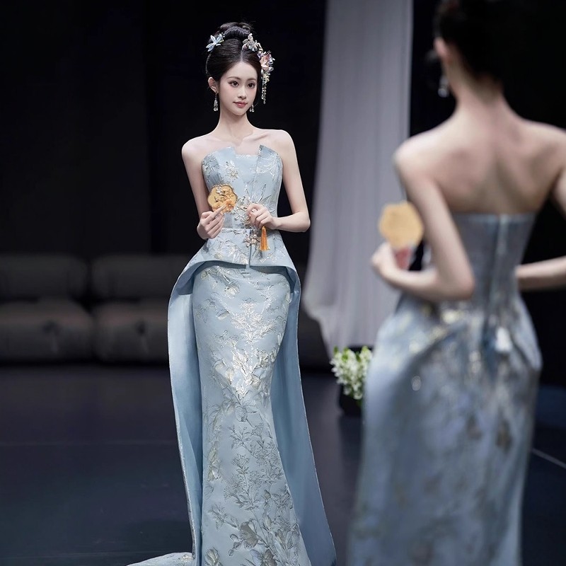 海棠记新中式春夏晨袍女新娘敬酒服抹胸蓝订婚礼服裙高级感出阁宴