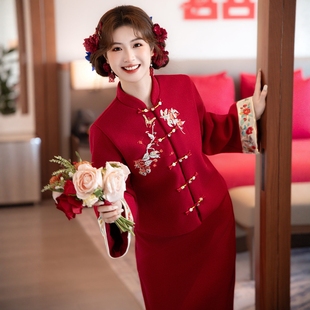 海棠记酒红色敬酒服新娘冬装小个平时可穿订婚礼服新中式套装长袖