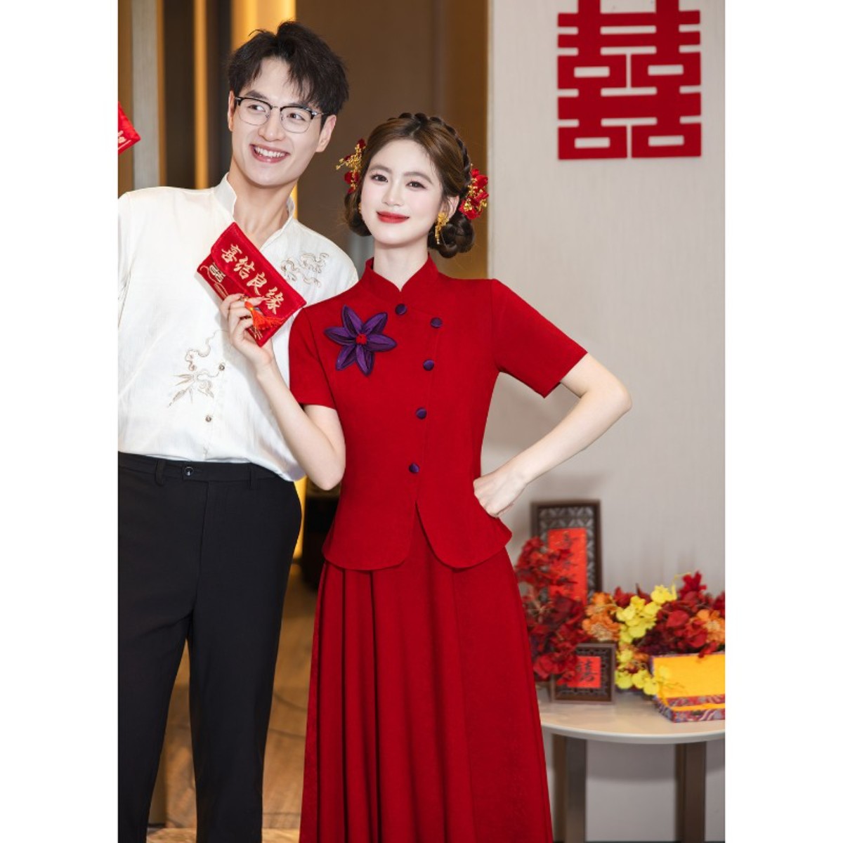 海棠记新中式红色孕妇旗袍敬酒服回门喜嫁套装订婚礼服裙大码胖mm
