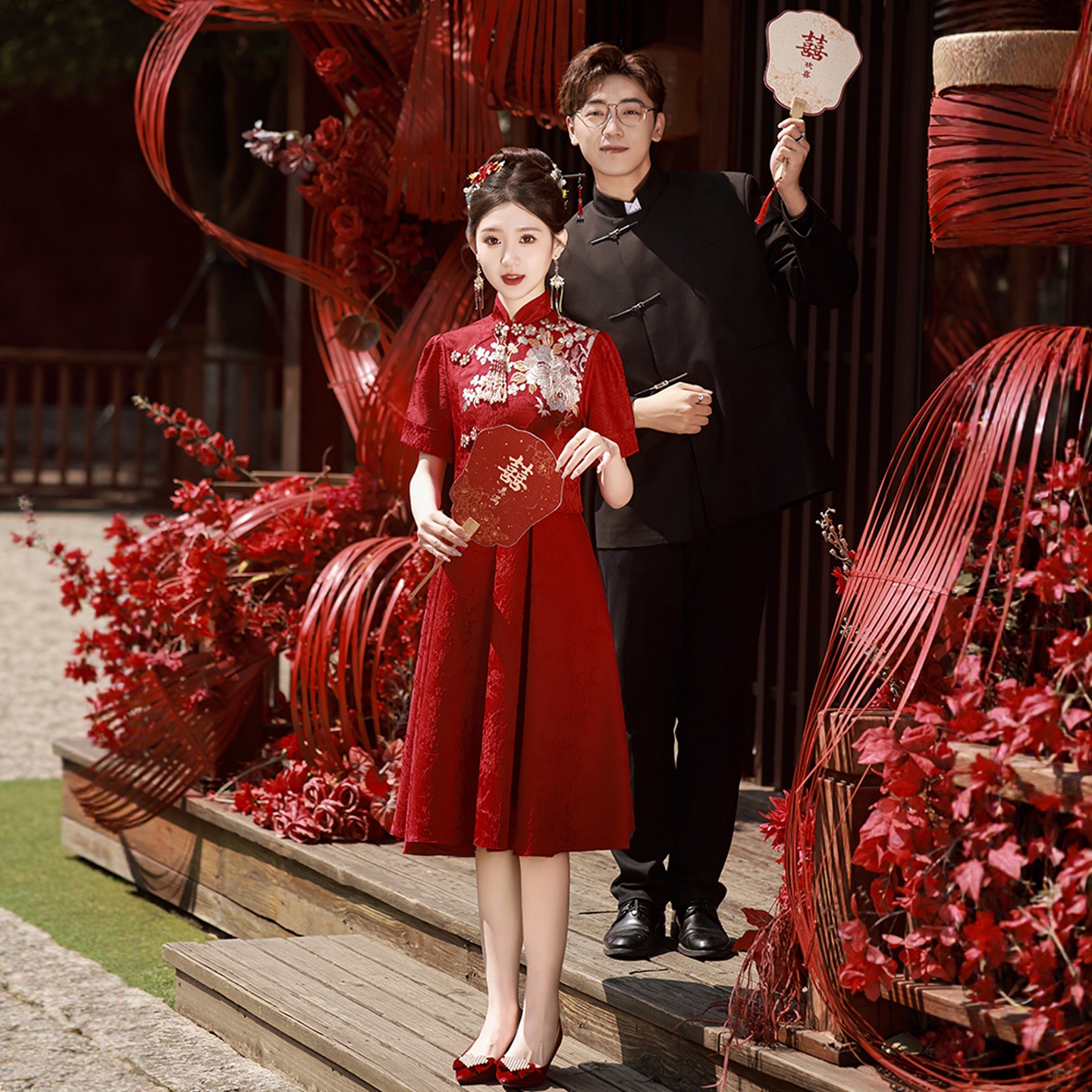 海棠记孕妇敬酒服新娘红色旗袍裙