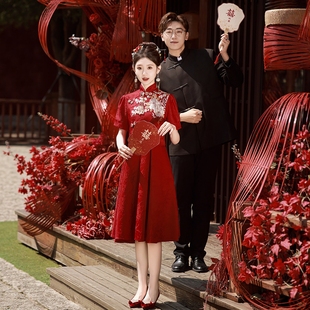 海棠记孕妇敬酒服新娘红色旗袍新中式晨袍遮肚子大码胖mm订婚礼服