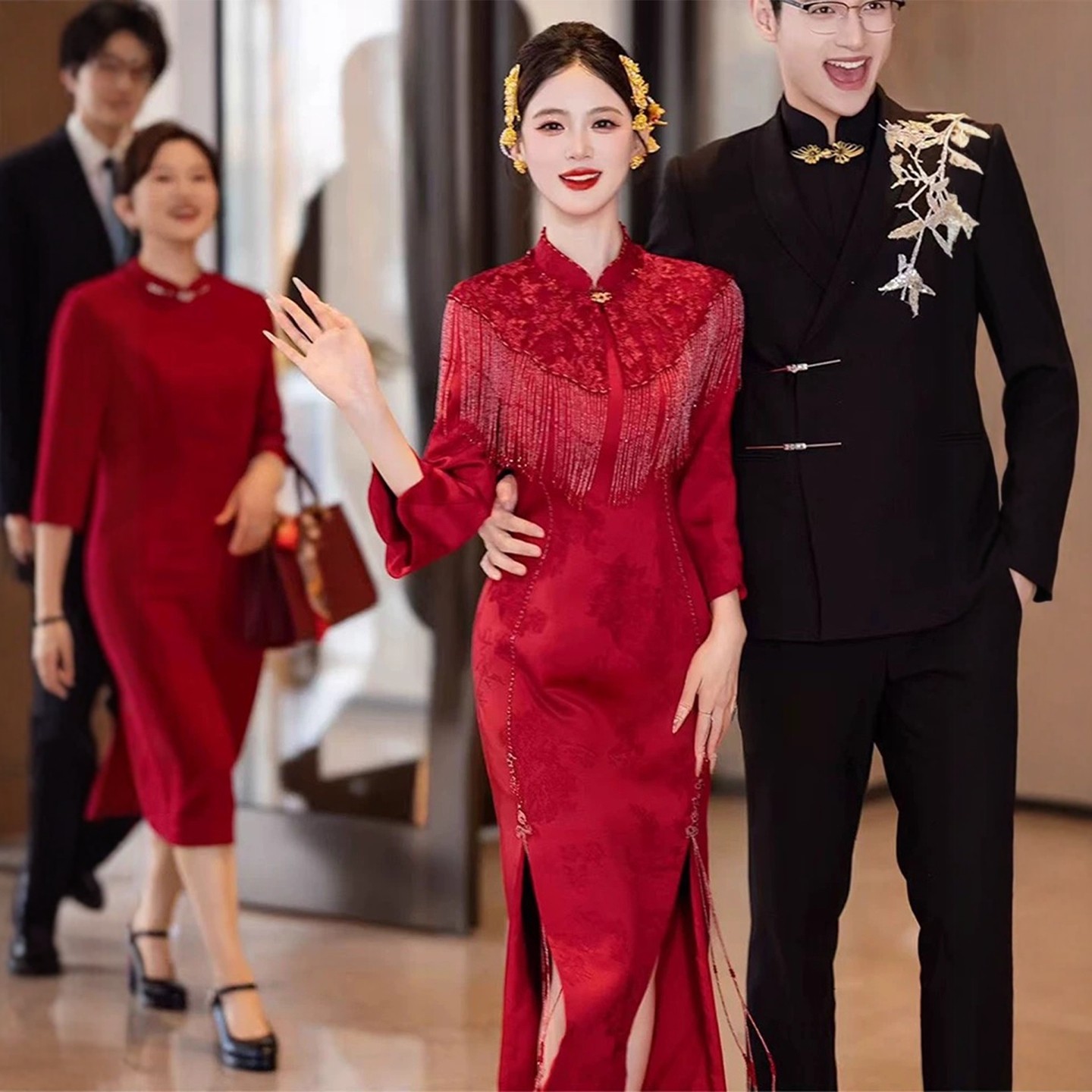 海棠记新娘结婚晨袍流苏长袖红色