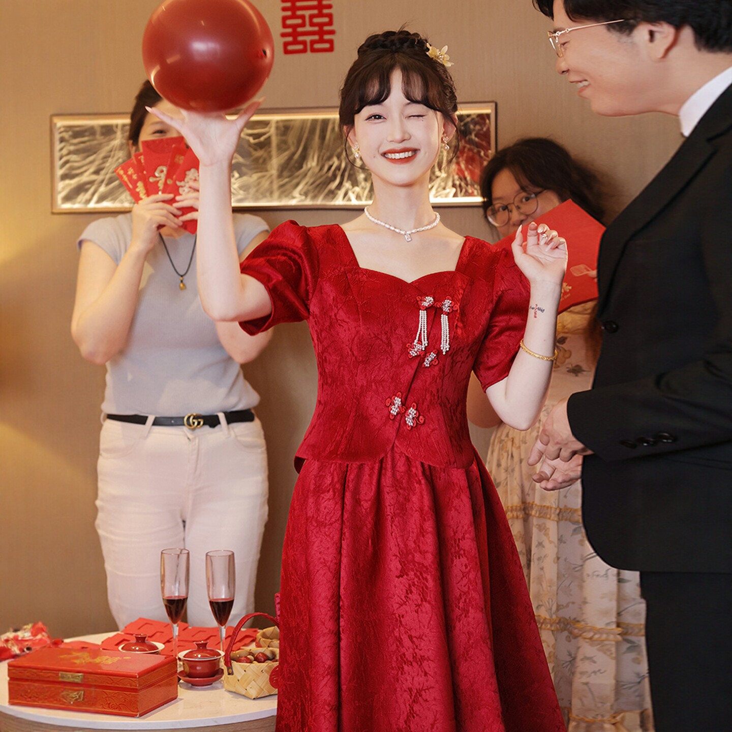 海棠记新中式旗袍敬酒服新娘新款红色订婚礼服裙回门套装小个子夏