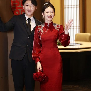 海棠记旗袍敬酒服新娘小个子红订婚礼服裙新中式结婚回门修身长袖