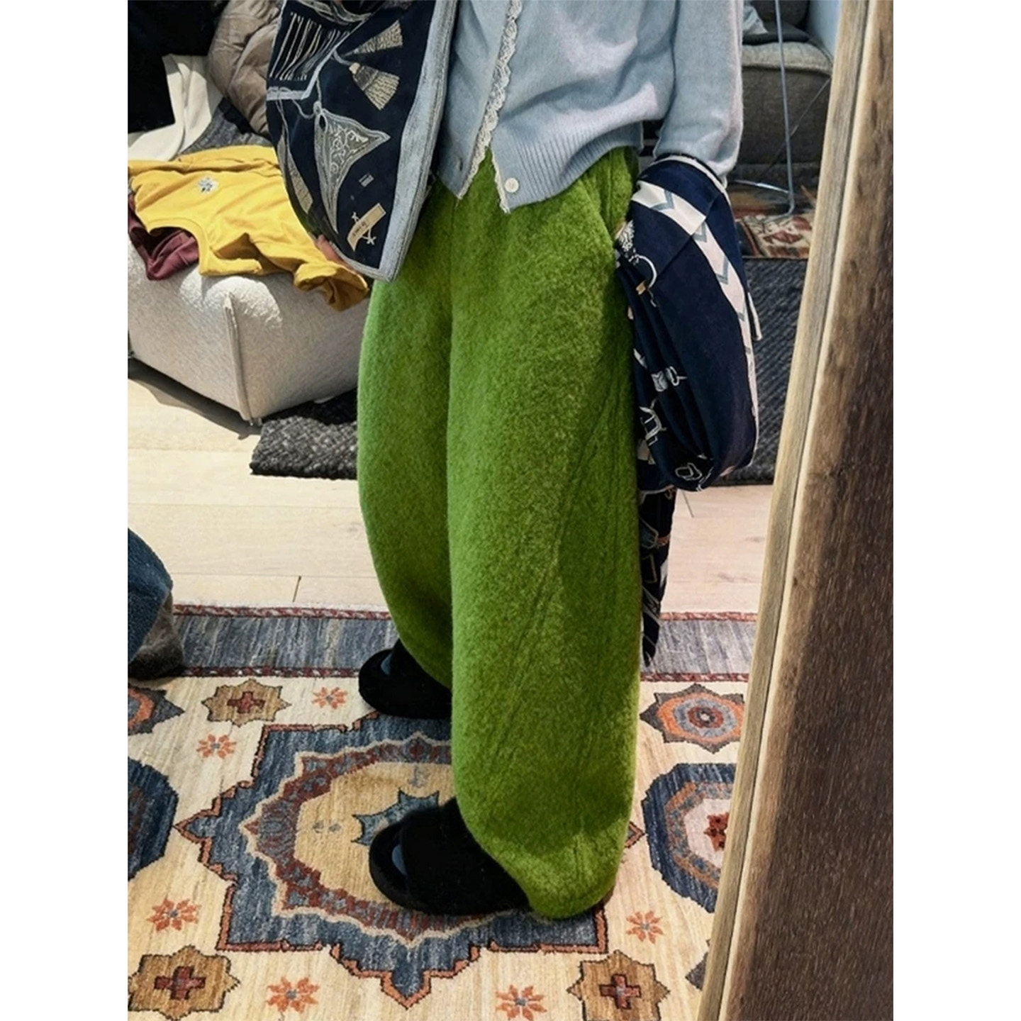 慵懒风绿色毛绒阔腿裤女