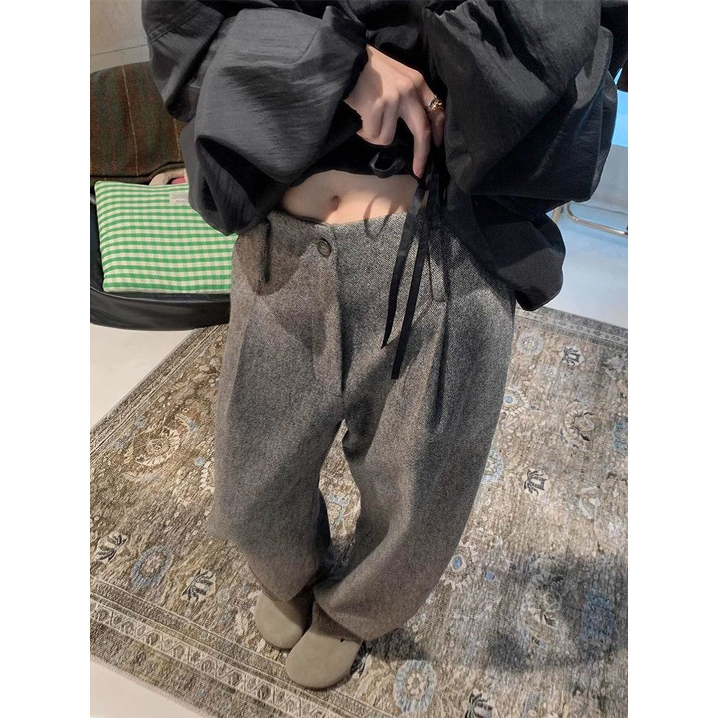 高端洋气高腰灰色镰刀裤女秋冬