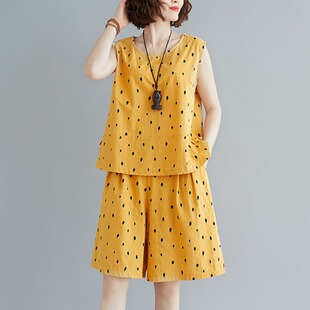 棉麻两件套宽松家居服套装 棉绸睡衣女夏季 背心短裤 休闲妈妈装 新款